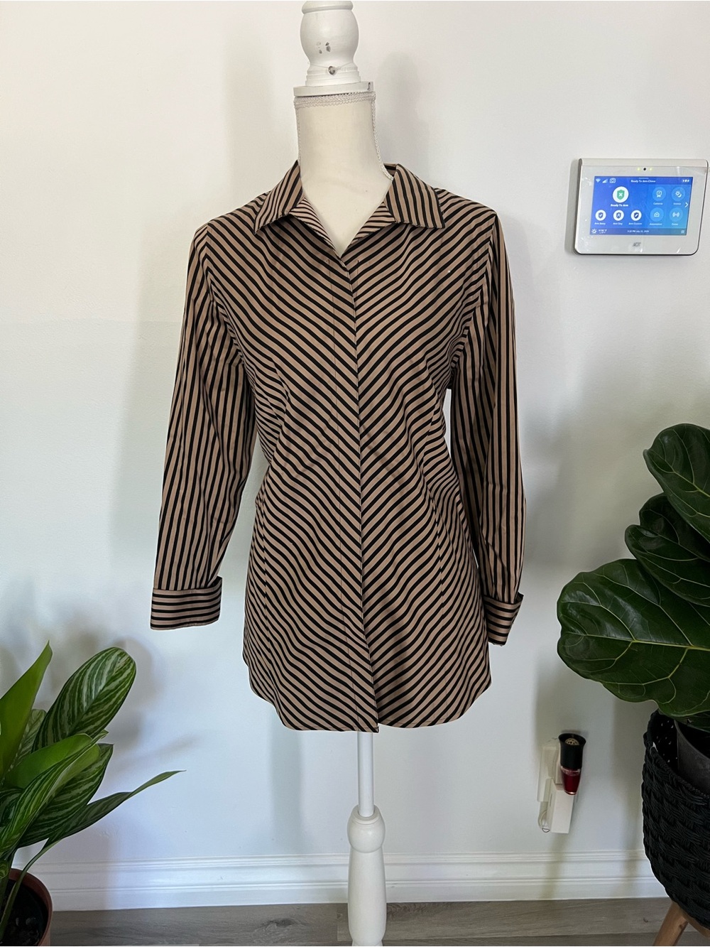 Chico's Beige and Black Striped Button-Up Shirt